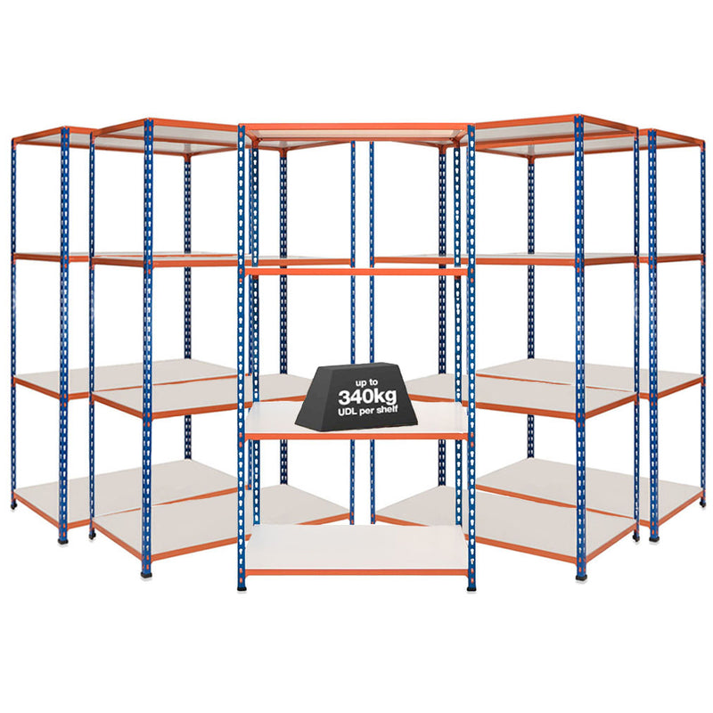 5x SX340 Industrial Shelving - 3050mm High - 340kg - Melamine - Blue & Orange