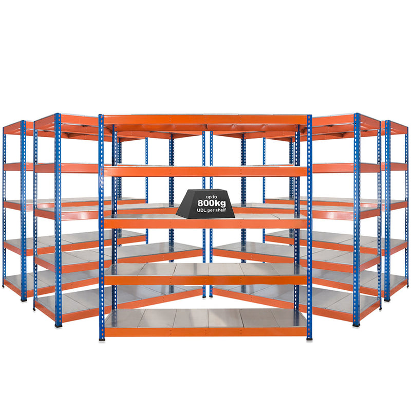 5x SX800 Industrial Shelving - 1980mm High - 800kg - Steel - Blue & Orange