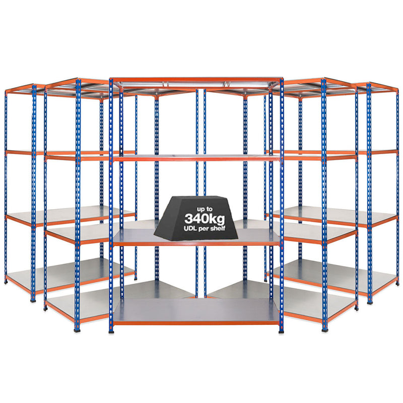 5x SX340 Industrial Shelving - 1980mm High - 340kg - Steel - Blue & Orange