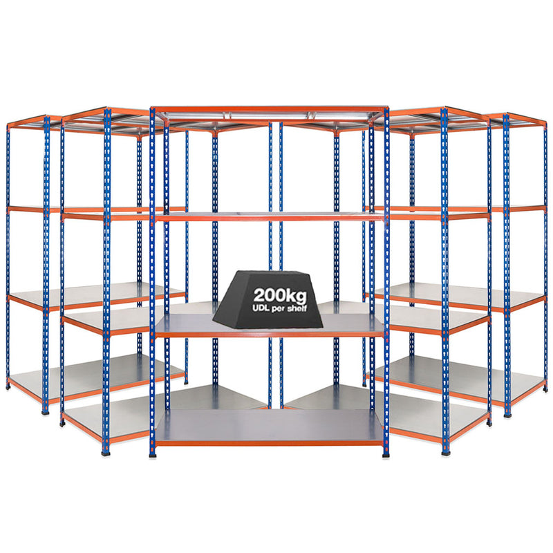 5x SX200 Industrial Shelving - 2440mm High - 200kg - Steel - Blue & Orange