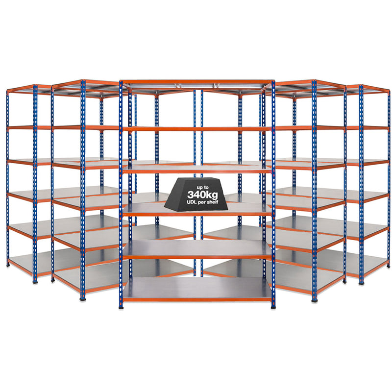 5x SX340 Industrial Shelving - 1980mm High - 340kg - Steel - Blue & Orange