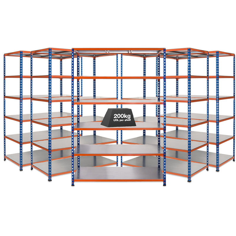 5x SX200 Industrial Shelving - 2440mm High - 200kg - Steel - Blue & Orange