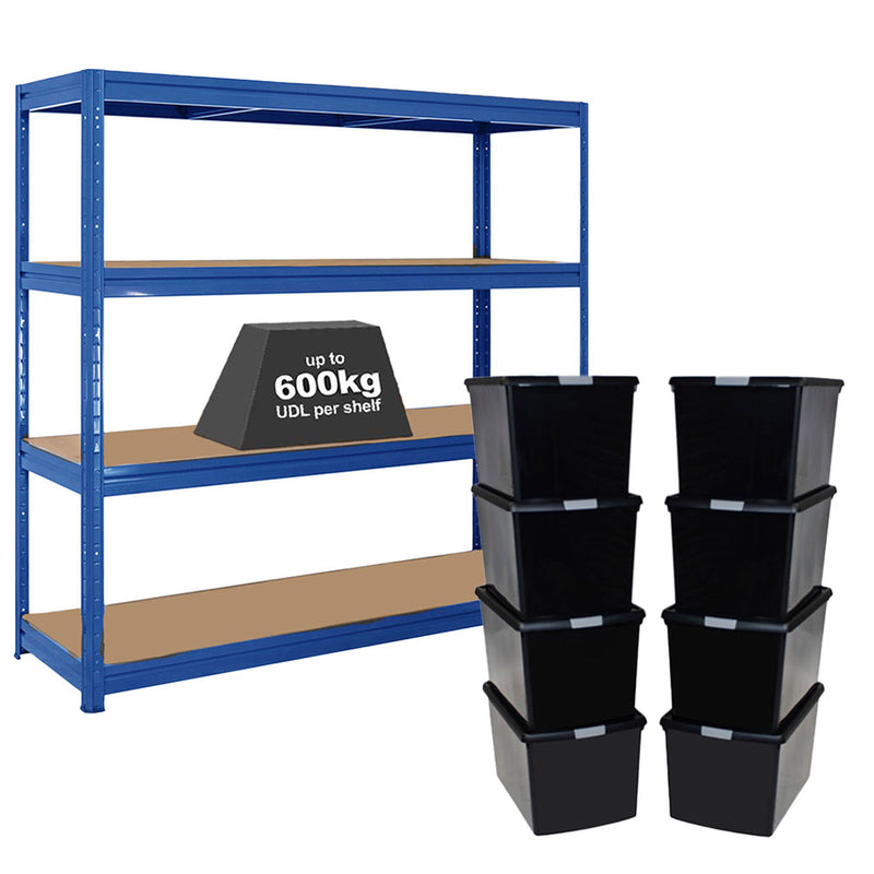 1x HRX Heavy Duty Shelving - 1770mm High - Blue with 8x 62L Wham DIY Plastic Storage Boxes