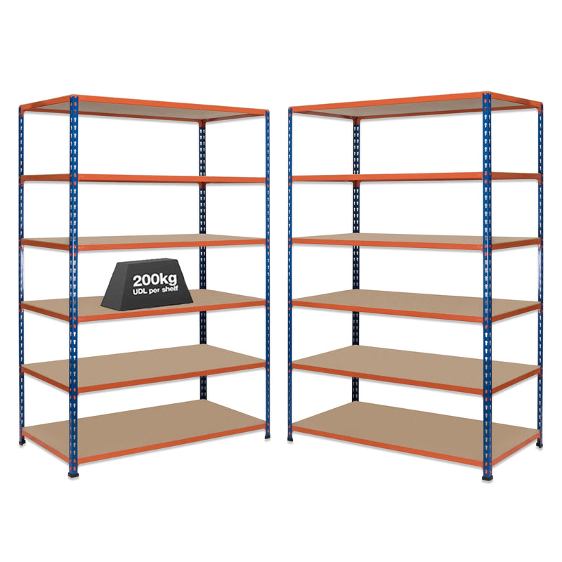 2x SX200 Industrial Shelving - 1830mm High - 200kg - Chipboard - Blue & Orange