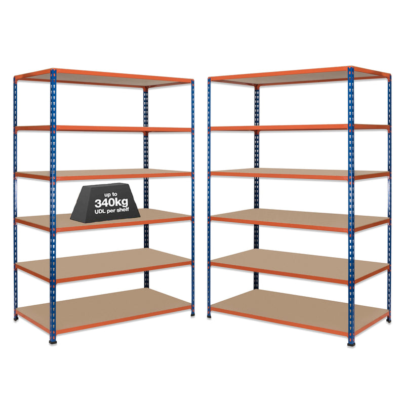 2x SX340 Industrial Shelving - 2440mm High - 340kg - Chipboard - Blue & Orange