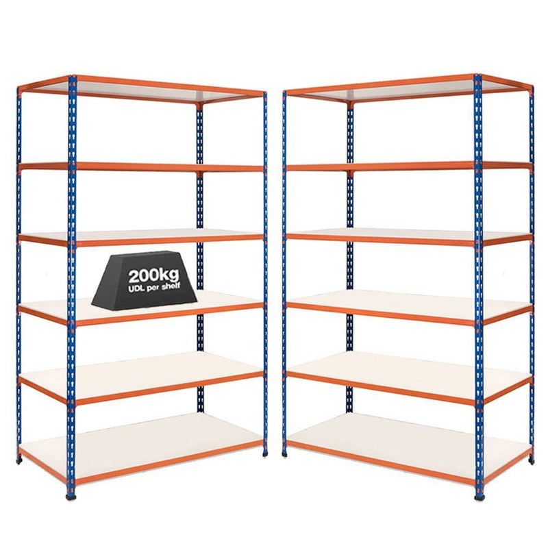 2x SX200 Industrial Shelving - 1830mm High - 200kg - Melamine - Blue & Orange