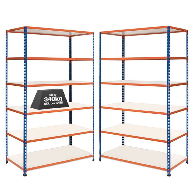 2x SX340 Industrial Shelving - 1980mm High - 340kg - Melamine - Blue & Orange