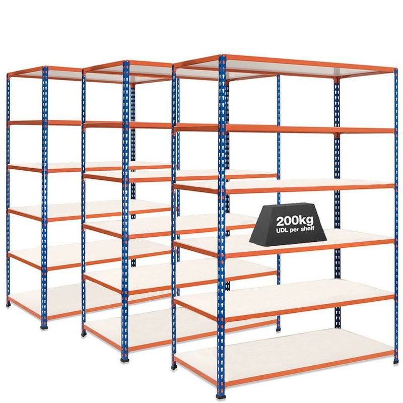 3x SX200 Industrial Shelving - 1830mm High - 200kg - Melamine - Blue & Orange