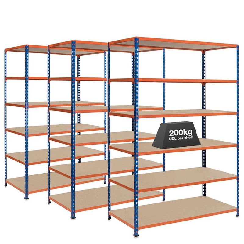 3x SX200 Industrial Shelving - 2440mm High - 200kg - Chipboard - Blue & Orange