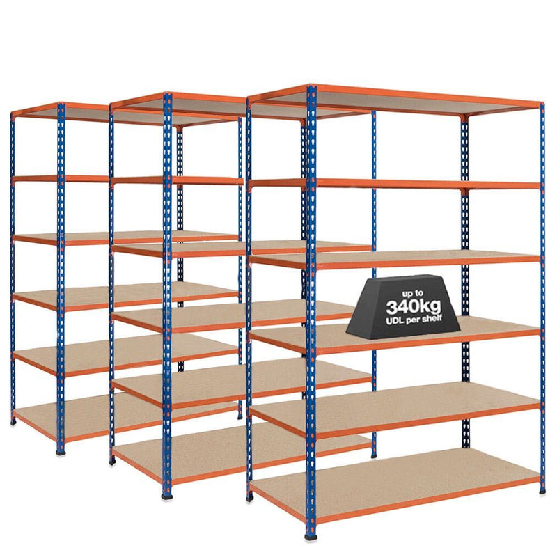 3x SX340 Industrial Shelving - 2440mm High - 340kg - Chipboard - Blue & Orange