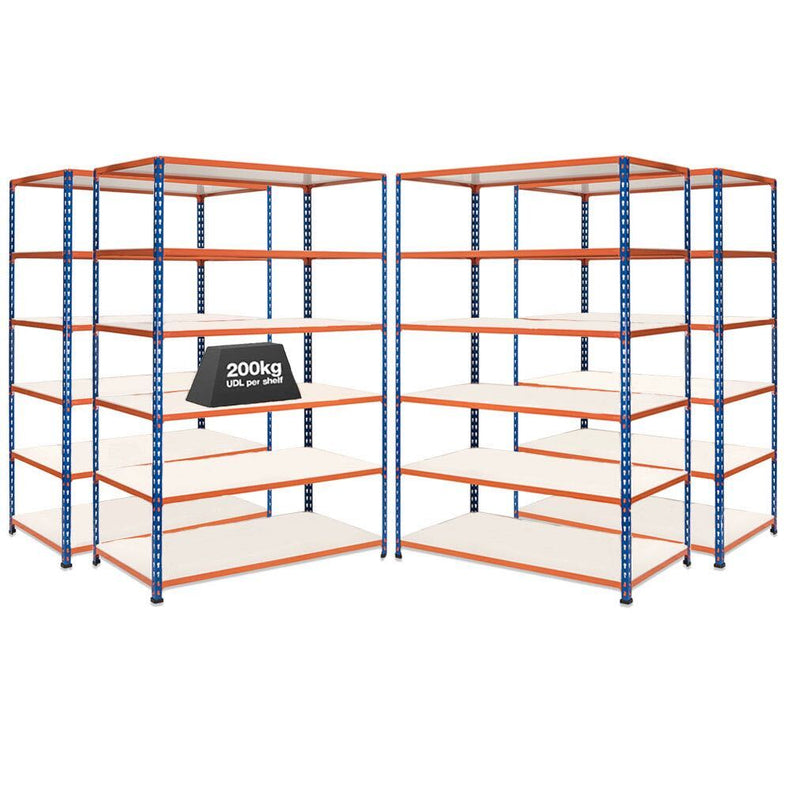 4x SX200 Industrial Shelving - 2440mm High - 200kg - Melamine - Blue & Orange