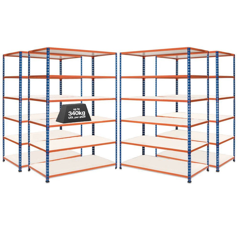 4x SX340 Industrial Shelving - 2440mm High - 340kg - Melamine - Blue & Orange