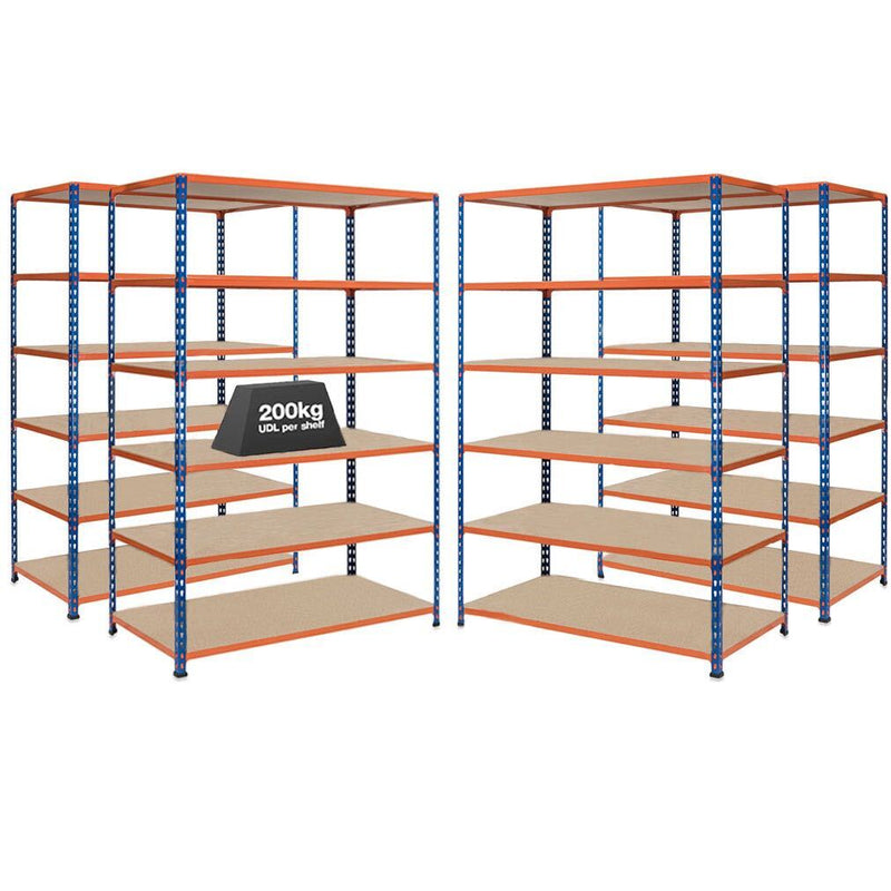 4x SX200 Industrial Shelving - 2440mm High - 200kg - Chipboard - Blue & Orange