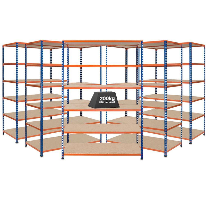 5x SX200 Industrial Shelving - 1830mm High - 200kg - Chipboard - Blue & Orange