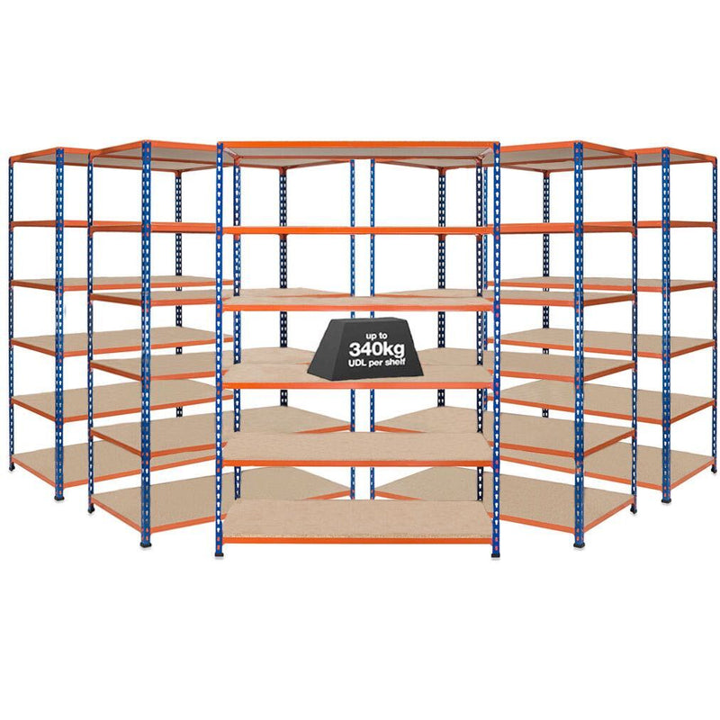 5x SX340 Industrial Shelving - 1980mm High - 340kg - Chipboard - Blue & Orange