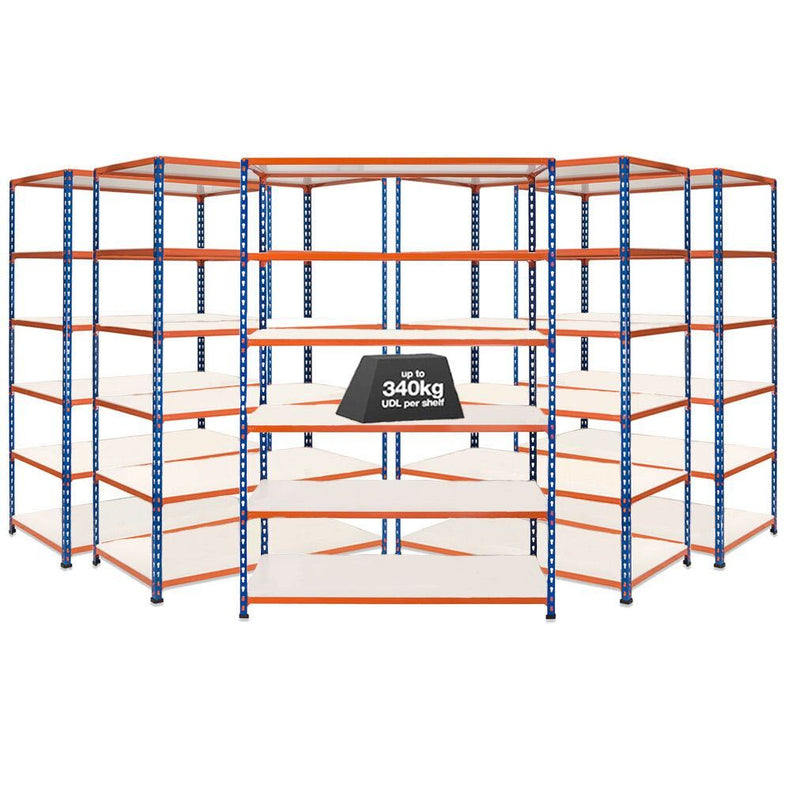 5x SX340 Industrial Shelving - 1980mm High - 340kg - Melamine - Blue & Orange