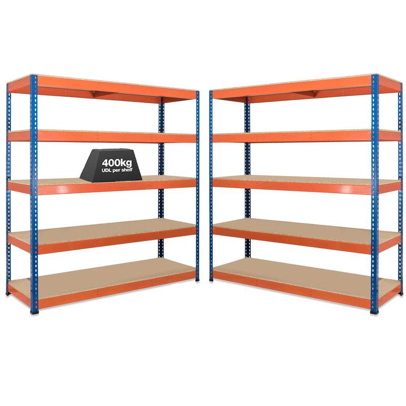 2x SX400 Industrial Shelving - 1980mm High - 400kg - Chipboard - Blue & Orange