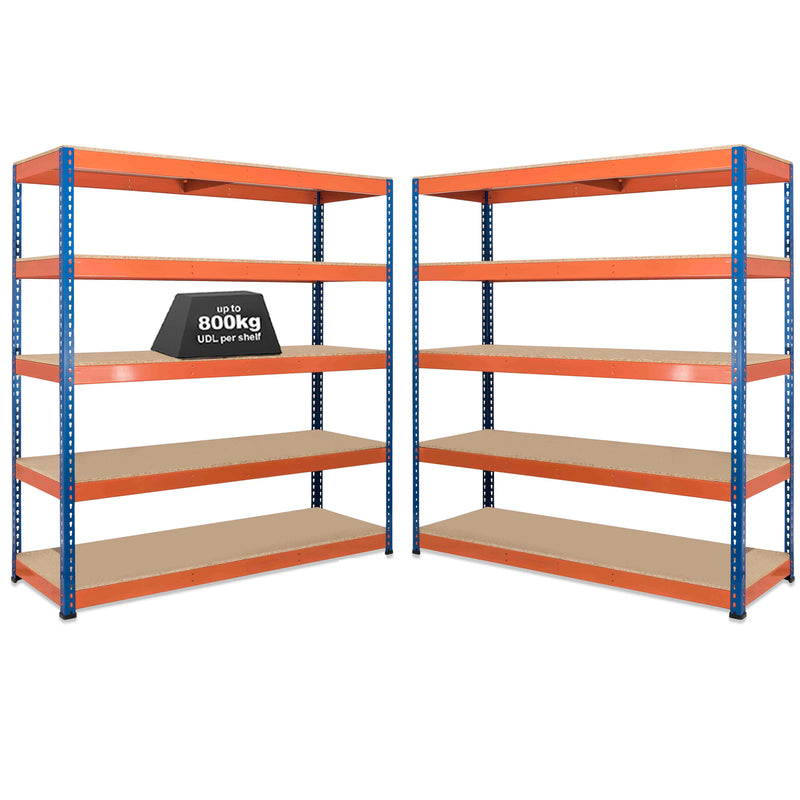 2x SX800 Industrial Shelving - 2440mm High - 800kg - Chipboard - Blue & Orange