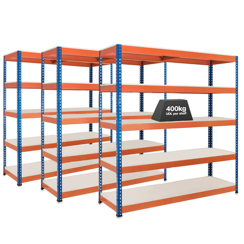 3x SX400 Industrial Shelving - 2440mm High - 400kg - Melamine - Blue & Orange