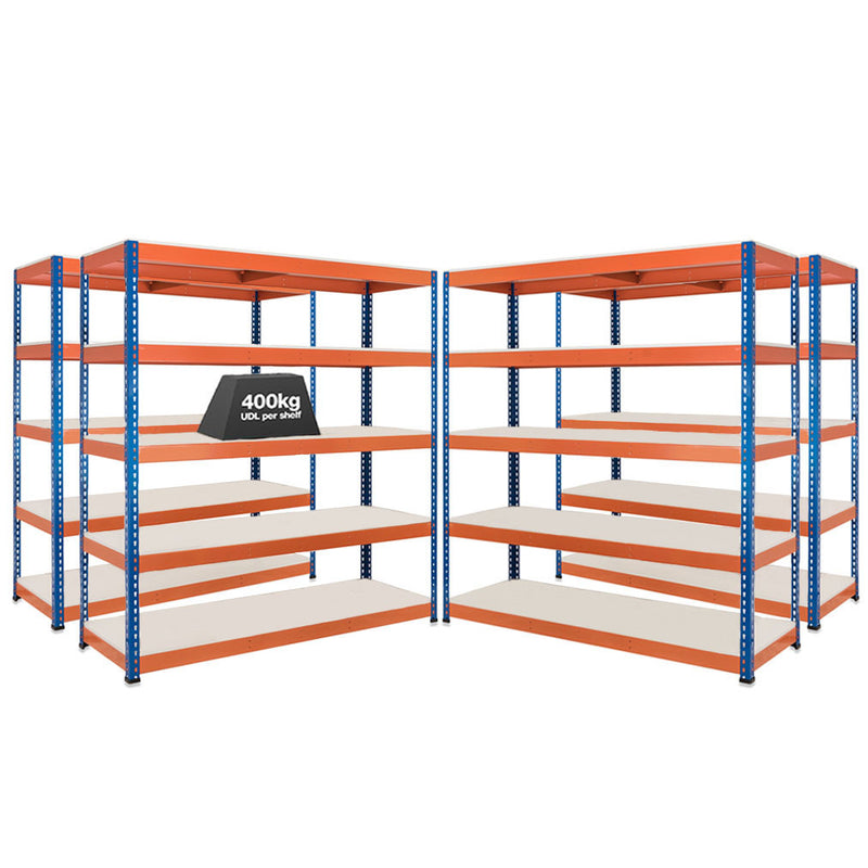 4x SX400 Industrial Shelving - 2440mm High - 400kg - Melamine - Blue & Orange