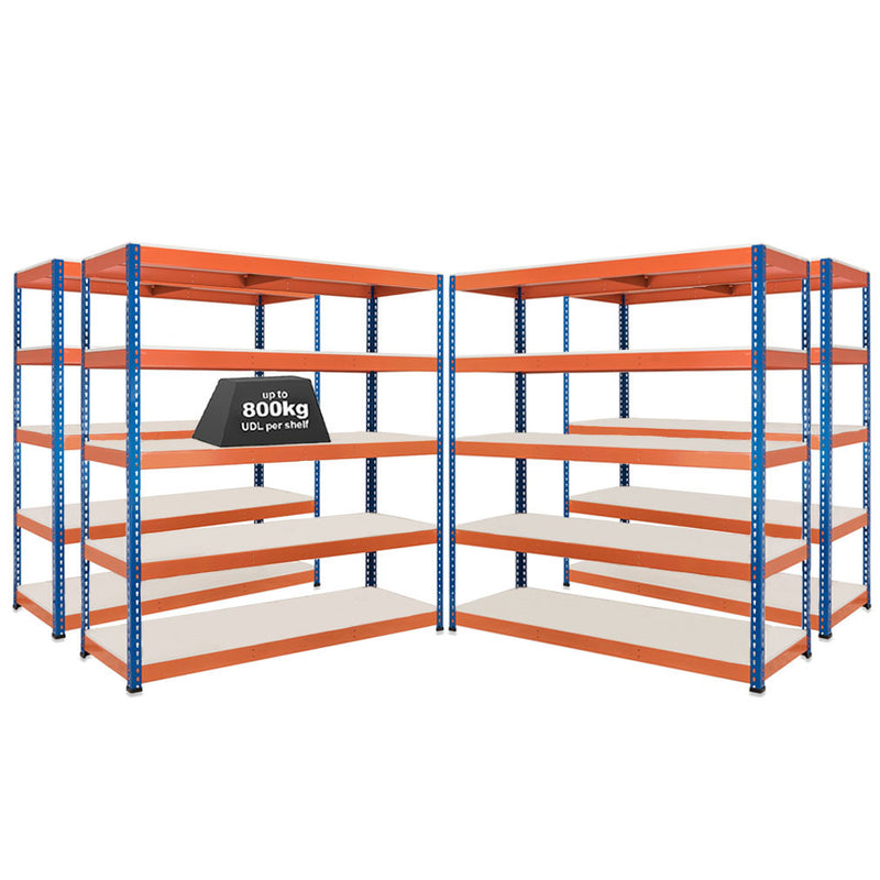 4x SX800 Industrial Shelving - 3050mm High - 800kg - Melamine - Blue & Orange