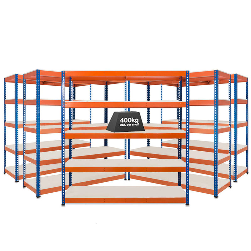 5x SX400 Industrial Shelving - 2440mm High - 400kg - Melamine - Blue & Orange