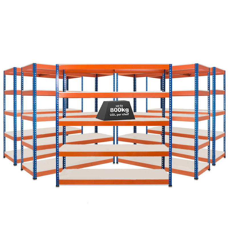 5x SX800 Industrial Shelving - 1980mm High - 800kg - Melamine - Blue & Orange