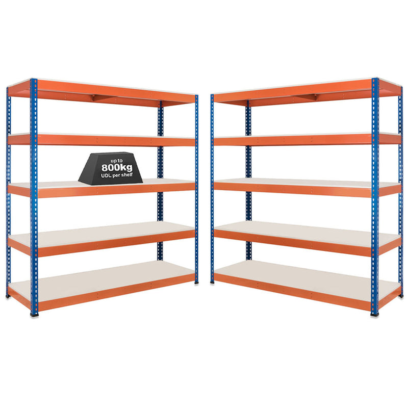 2x SX800 Industrial Shelving - 3050mm High - 800kg - Melamine - Blue & Orange