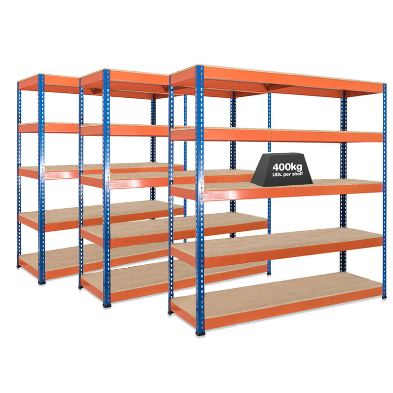 3x SX400 Industrial Shelving - 1980mm High - 400kg - Chipboard - Blue & Orange