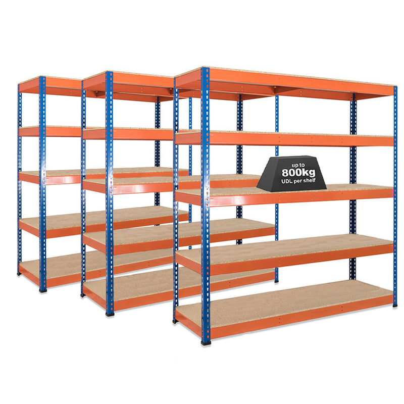 3x SX800 Industrial Shelving - 1980mm High - 800kg - Chipboard - Blue & Orange