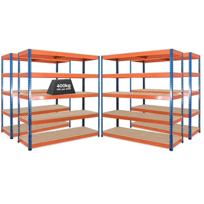 4x SX400 Industrial Shelving - 1677mm High - 400kg - Chipboard - Blue & Orange