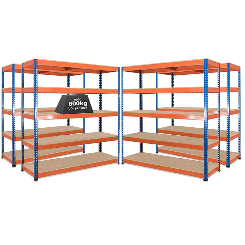 4x SX800 Industrial Shelving - 3050mm High - 800kg - Chipboard - Blue & Orange