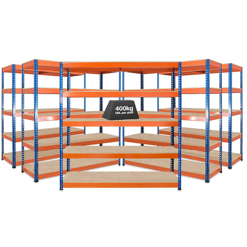 5x SX400 Industrial Shelving - 1677mm High - 400kg - Chipboard - Blue & Orange