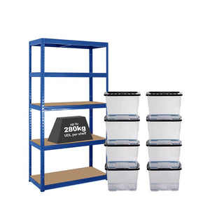 1x VRS Shelving Unit - 1800mm High - Blue with 8x 24L Strata Plastic Storage Boxes