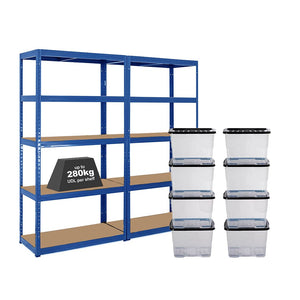 2x VRS Shelving Units - 1800mm High - Blue with 8x 24L Strata Plastic Storage Boxes