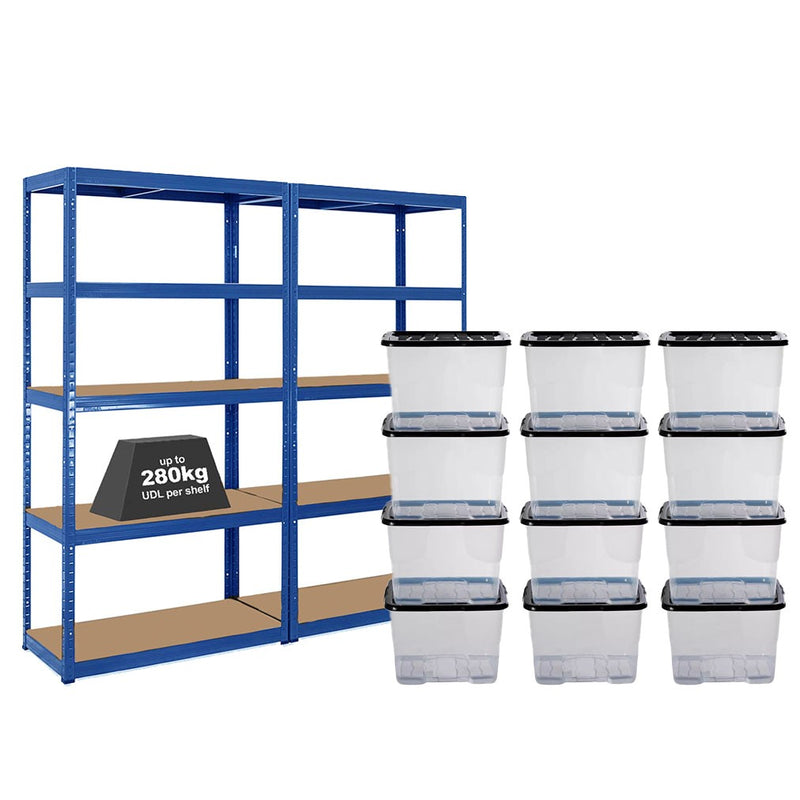 2x VRS Shelving Units - 1800mm High - Blue with 12x 24L Strata Plastic Storage Boxes