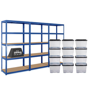 3x VRS Shelving Units - 1800mm High - Blue with 12x 24L Strata Plastic Storage Boxes