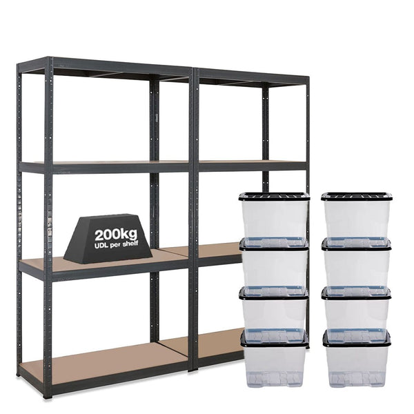 2x VRS Shelving Units - 1600mm High - Grey with 8x 24L Strata Plastic Storage Boxes