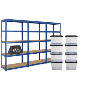 3x VRS Shelving Units - 1800mm High - Blue with 8x 24L Strata Plastic Storage Boxes