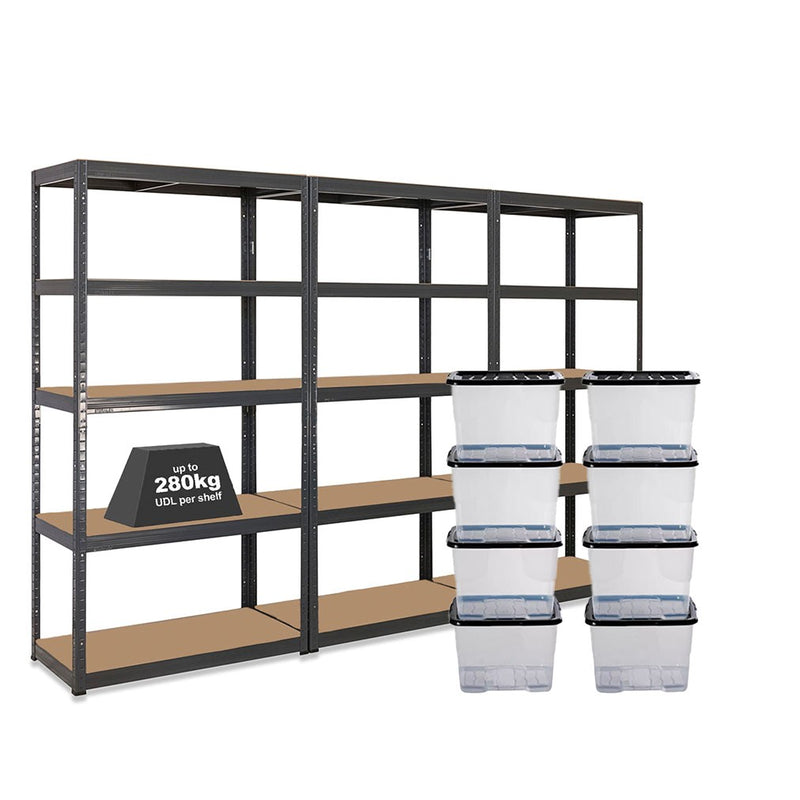 3x VRS Shelving Units - 1800mm High - Grey with 8x 24L Strata Plastic Storage Boxes