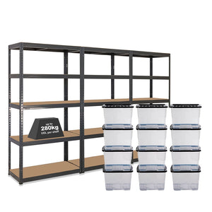 3x VRS Shelving Units - 1800mm High - Grey with 12x 24L Strata Plastic Storage Boxes