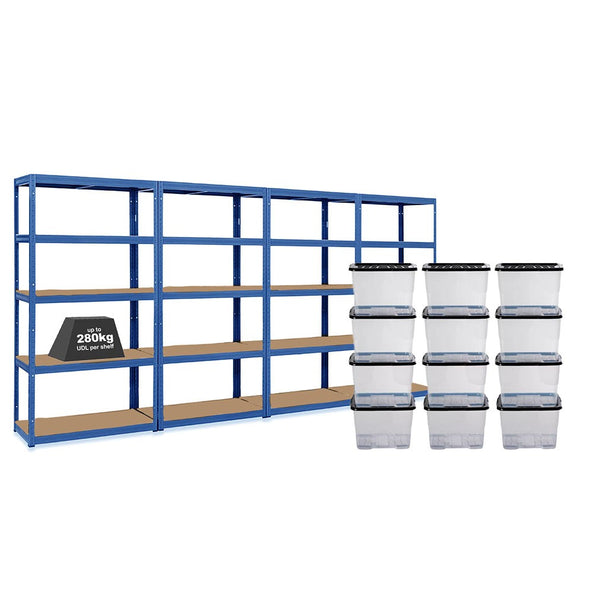 4x VRS Shelving Units - 1800mm High - Blue with 12x 24L Strata Plastic Storage Boxes