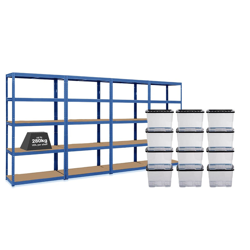 4x VRS Shelving Units - 1800mm High - Blue with 12x 24L Strata Plastic Storage Boxes