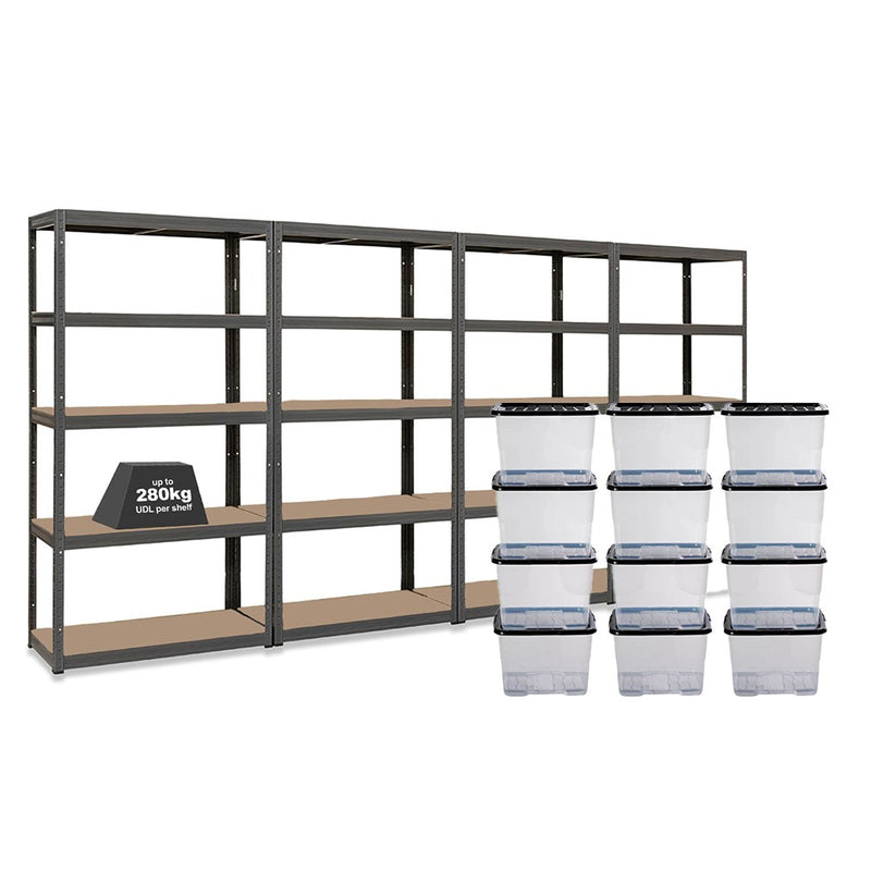 4x VRS Shelving Units - 1800mm High - Grey with 12x 24L Strata Plastic Storage Boxes