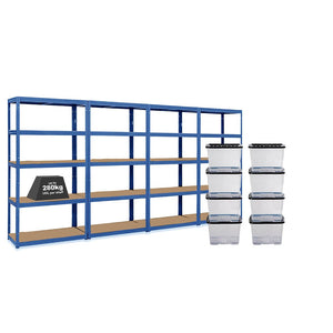 4x VRS Shelving Units - 1800mm High - Blue with 8x 24L Strata Plastic Storage Boxes