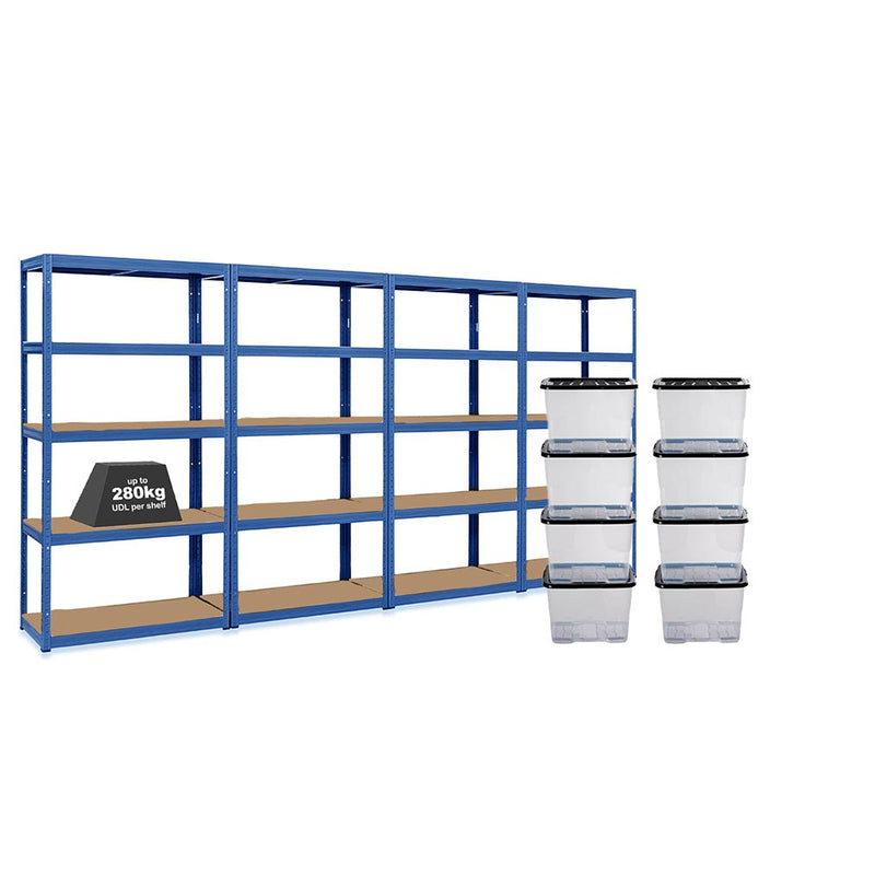 4x VRS Shelving Units - 1800mm High - Blue with 8x 24L Strata Plastic Storage Boxes