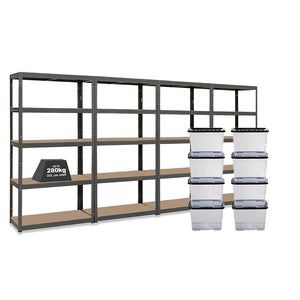 4x VRS Shelving Units - 1800mm High - Grey with 8x 24L Strata Plastic Storage Boxes