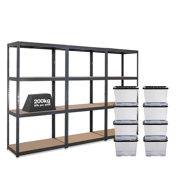 3x VRS Shelving Units - 1600mm High - Grey with 8x 24L Strata Plastic Storage Boxes