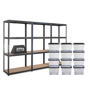 3x VRS Shelving Units - 1600mm High - Grey with 12x 24L Strata Plastic Storage Boxes