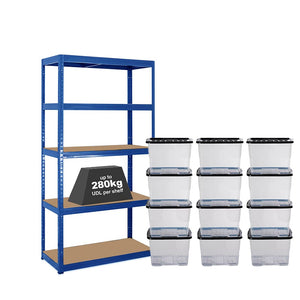 1x VRS Shelving Unit - 1800mm High - Blue with 12x 24L Strata Plastic Storage Boxes